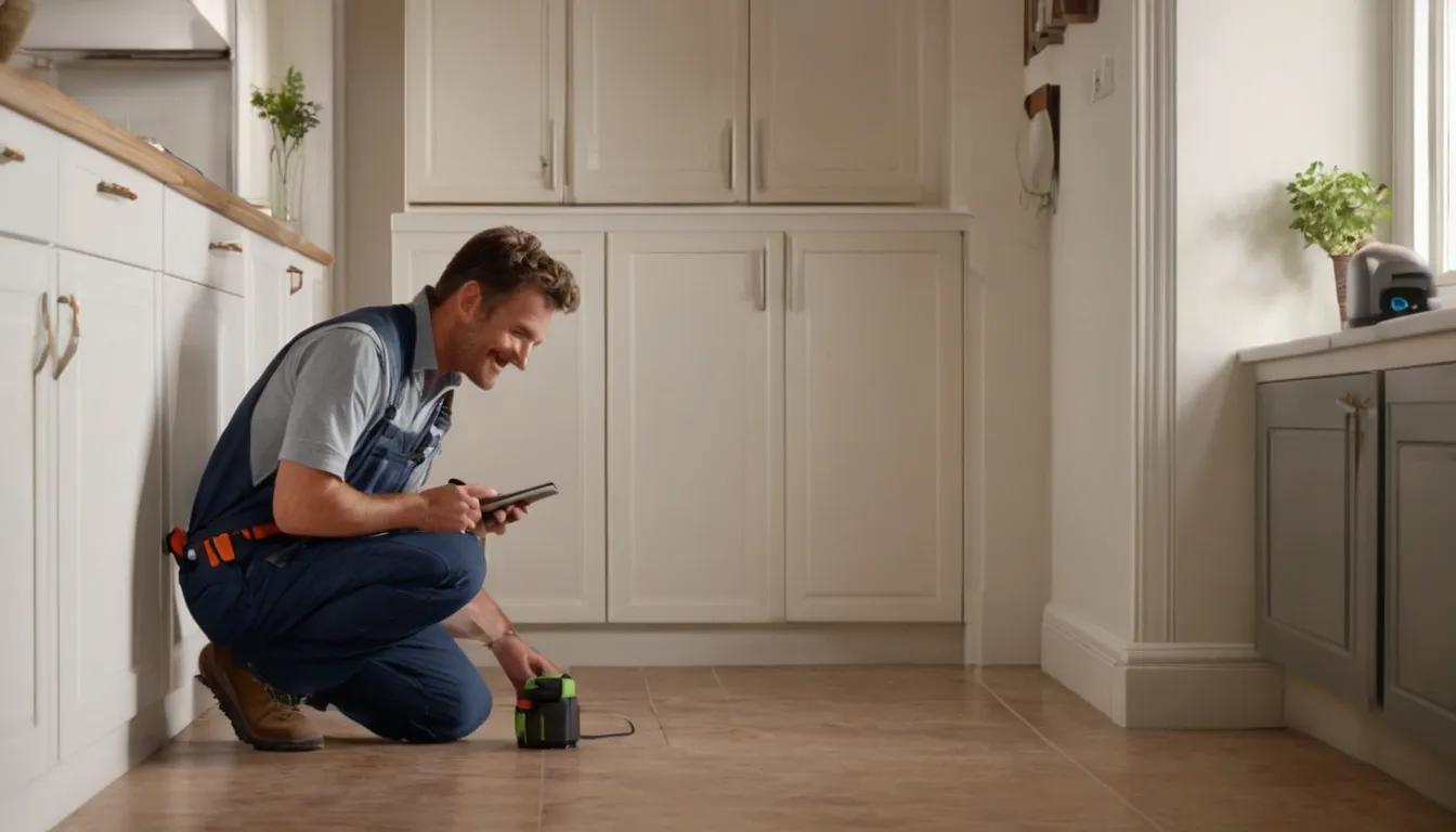 A friendly pest control provider inspecting a kitchen baseboard with a homeowner in Birmingham